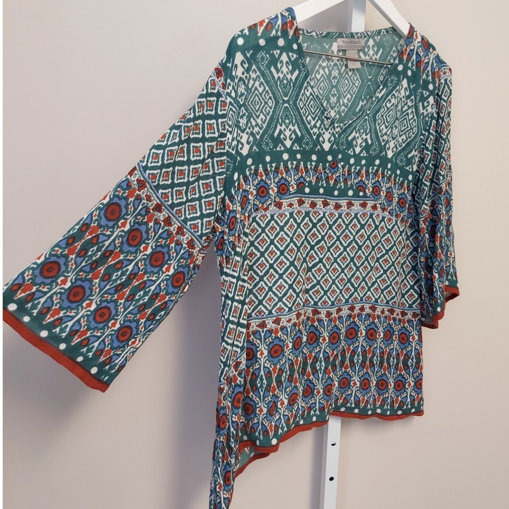 World Market Teal Boho Geometric Print Handkerchief Hem Tunic Top L/XL Boho